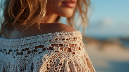 A young Caucasian woman with wavy blonde hair wears a crochet dress. The textured fabric highlights her shoulder against a beach background during sunset. Close-up