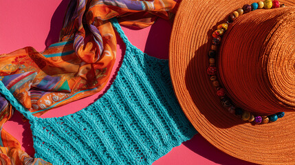 A vibrant boho fashion scene featuring a turquoise crochet top, a colorful scarf, and a wide-brimmed straw hat with beads. The background is bright pink.