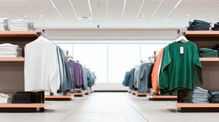 A clothing store aisle shows a variety of shirts and jeans neatly displayed on shelves and hangers, offe shoppers a wide selection of casual apparel choices.