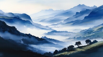 Misty mountain ranges fade into the distance under a soft blue sky, with layers of fog settling in the valleys and scattered trees dotting the slopes.