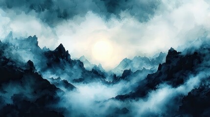 Misty mountain peaks under a cloudy sky surround a glowing sun, creating a moody and atmospheric landscape.