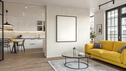 Modern living room and kitchen interior with yellow sofa, round table, and large blank framed post,interior, room, home, design, furniture, living, living room, house, apartment, sofa, table, architec