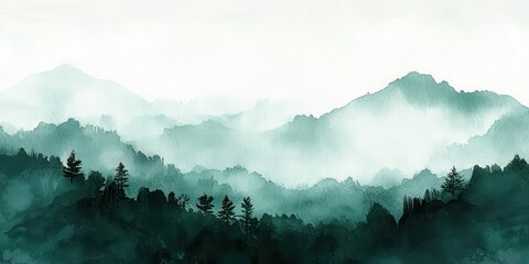 Misty mountain landscape with layered silhouettes of pine trees and hills in varying shades of green and blue.