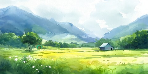 A serene watercolor painting of a countryside landscape featuring mountains, trees, a small house, and lush green fields under a cloudy sky.