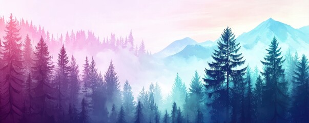 A serene forest landscape with tall pine trees and misty mountains in pastel hues of pink, purple, and blue during sunrise or sunset.