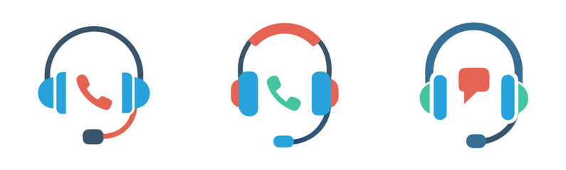 headset icons with microphone and phone or chat symbols representing communication and support