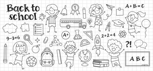 School Black Doodle Icon Set. Pupils and school supplies. Hand Drawn back to school education, learning elements.