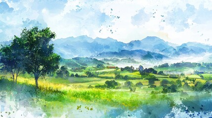A watercolor painting depicting a vibrant countryside landscape with trees, rolling hills, and distant mountains under a bright sky.