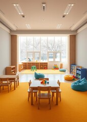 Fototapeta premium Playing room interior with wooden chairs and tables yellow carpet bean bag chairs and bright blocks in kindergarten Empty room interior design architecture blank design room