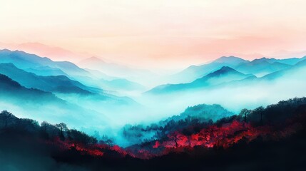 Misty mountain range with vibrant red foliage in the foreground under a soft pastel sky at sunrise or sunset.