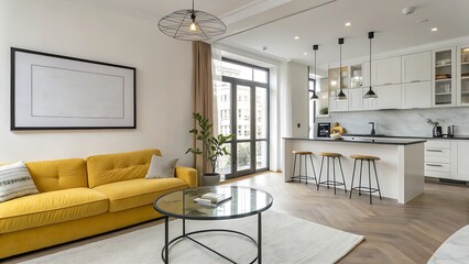 Modern living room and kitchen interior with yellow sofa, round table, and large blank framed post,interior, room, home, furniture, design, house, living room, living, sofa, apartment, architecture, l