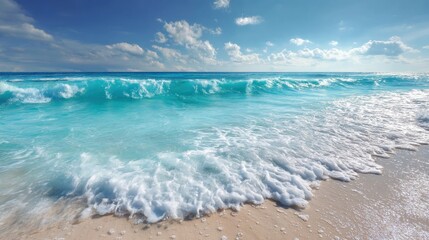 Azure waves crash gently on a sandy shore, vibrant turquoise water under a clear blue sky