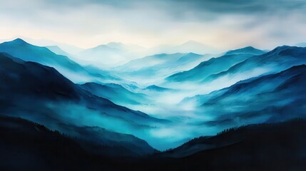 Misty blue mountain ranges fade into the distance under a soft, cloudy sky, creating a serene and tranquil landscape scene.