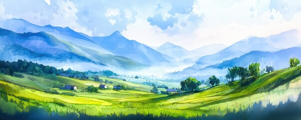 A serene watercolor landscape featuring rolling green hills, scattered trees, and distant blue mountains under a partly cloudy sky.