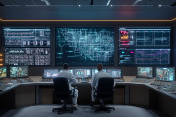 A futuristic control room of a high-voltage substation, engineers monitoring digital interfaces and energy flow maps,