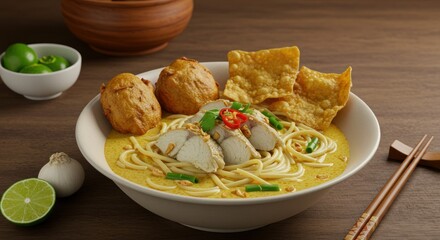 Creamy yellow noodle soup with fish, dumplings, and crackers