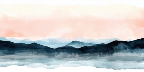 A serene watercolor painting of layered mountain ranges with soft blue and peach tones, evoking calmness and natural beauty.