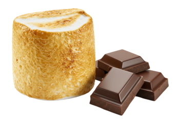 A large toasted marshmallow sits near chocolate squares on a black backdrop creating a stark contrast