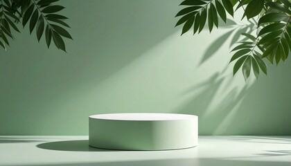 Empty podium or pedestal in elegant on pastel green gradient background with leaf shadow overlay,ideal mockup for product display presentation showcase backdrop design