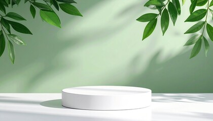 Empty podium or pedestal in elegant on pastel green gradient background with leaf shadow overlay,ideal mockup for product display presentation showcase backdrop design
