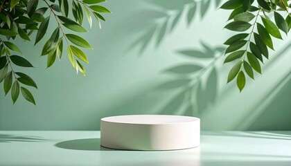 Empty podium or pedestal in elegant on pastel green gradient background with leaf shadow overlay,ideal mockup for product display presentation showcase backdrop design