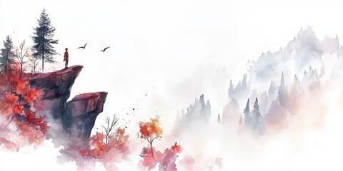 A lone figure stands on a rocky cliff overlooking a misty mountain range, surrounded by autumnal trees and birds in a serene watercolor landscape.