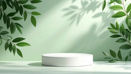 Empty podium or pedestal in elegant on pastel green gradient background with leaf shadow overlay,ideal mockup for product display presentation showcase backdrop design