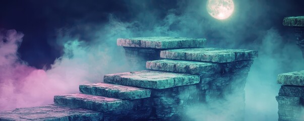 Stone steps ascend into a misty, ethereal night with a glowing full moon in the background, creating a mysterious and surreal atmosphere.