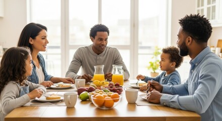 Diverse family enjoying breakfast together at home
