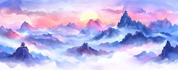 A serene watercolor landscape of misty mountains at sunrise with soft pastel colors and traditional pagodas perched on peaks.