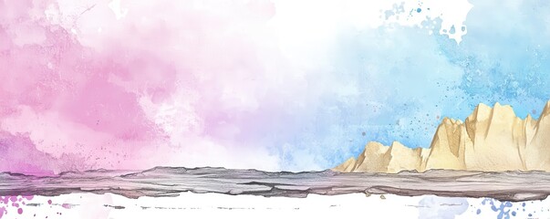 A watercolor landscape with pink and blue skies, rocky mountains, and a textured terrain below.