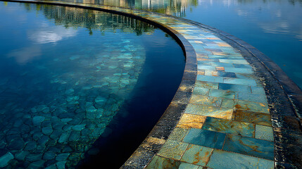 blue water reflection, Serpentine Pathway of Tiles Over Crystal Clear Water Under Blue Sky