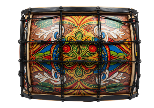 A handpainted drum featuring ornate symmetrical floral patterns in vibrant colors against a dark background secured by black netting