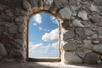 a window in a stone wall with a sky in the background