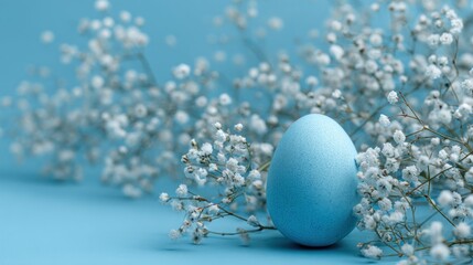 Fototapeta premium Light blue egg nestled among delicate white flowers on a light blue background