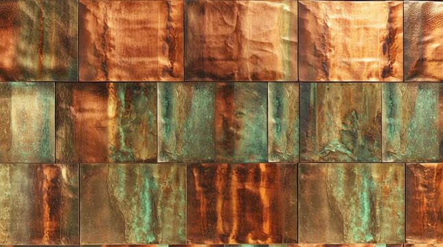 Rustic textured metal tiles with a weathered patina in rich copper, green, and brown tones. Industrial, vintage background for architecture, design, interior decor, or creative visual concepts.