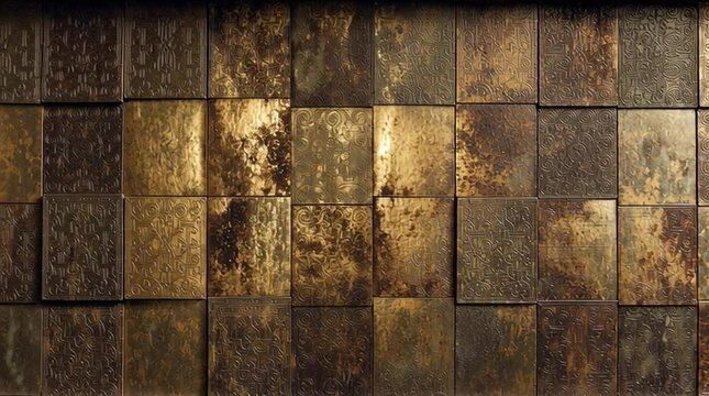 Aged metallic tiles with a weathered, golden bronze patina and rustic textures. Perfect as an industrial, vintage, or steampunk background for design, architecture, or creative projects.