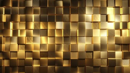 Shimmering gold metallic cubes arranged in a modern geometric pattern, reflective surfaces with dynamic light and shadow, luxury abstract background, elegant 3D wall texture animation. - Powered by Adobe