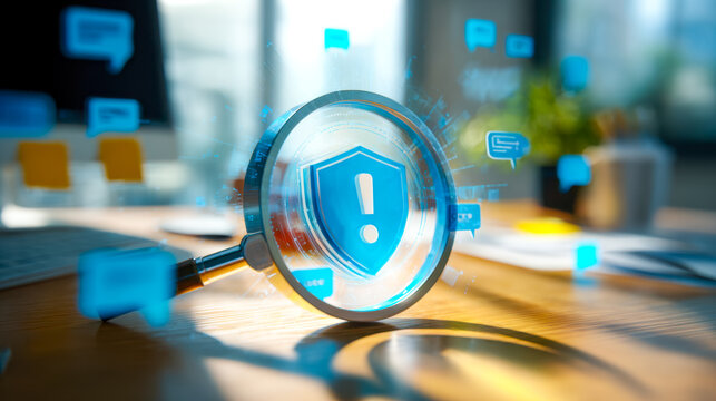 Digital security alert symbol under magnifying glass amid communication icons on workspace table
