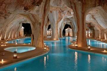 Cave-like pool complex at night.  Illuminated by candles and glowing water.  Natural rock formations.  Small buildings within the cave