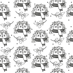 Cute hedgehog outline seamless pattern. Woodland animal coloring background