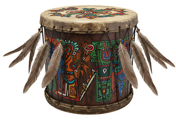A native drum featuring ornate indigenous style painting  feathers attached with cord against a stark black background