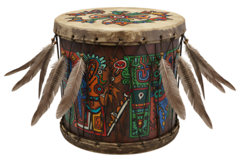 A native drum featuring ornate indigenous style painting  feathers attached with cord against a stark black background