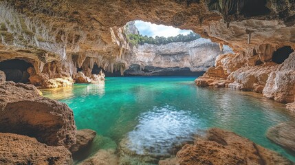 Naklejka premium Azure pool in a cave opening to sunlight