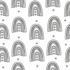 Hand drawn outline rainbows seamless pattern. Abstract doodle kids background