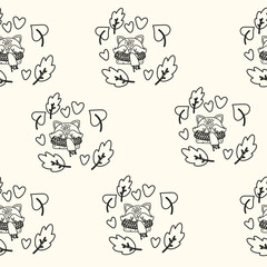 Forest animal fox with leaves  outline seamless pattern