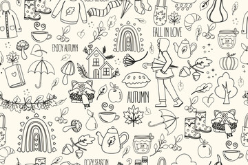 Large autumn doodle outline seamless pattern. Coloring background with various fall elements