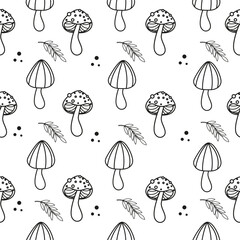 Mushroom doodle seamless pattern. Forest fungi outline background for coloring