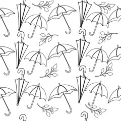 Umbrellas outline seamless pattern. Rainy day doodle background for coloring