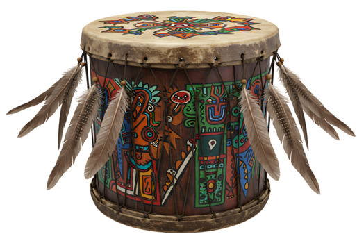 A native drum featuring ornate indigenous style painting  feathers attached with cord against a stark black background